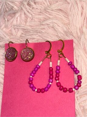 Hot Pink & White Beaded Hoop set | Handmade